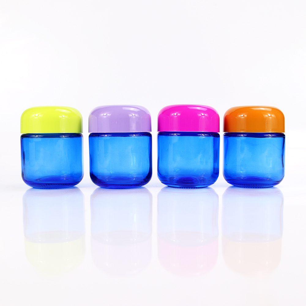 Colorful Cap Cannabis Flower Storage Blue Glass Jars  