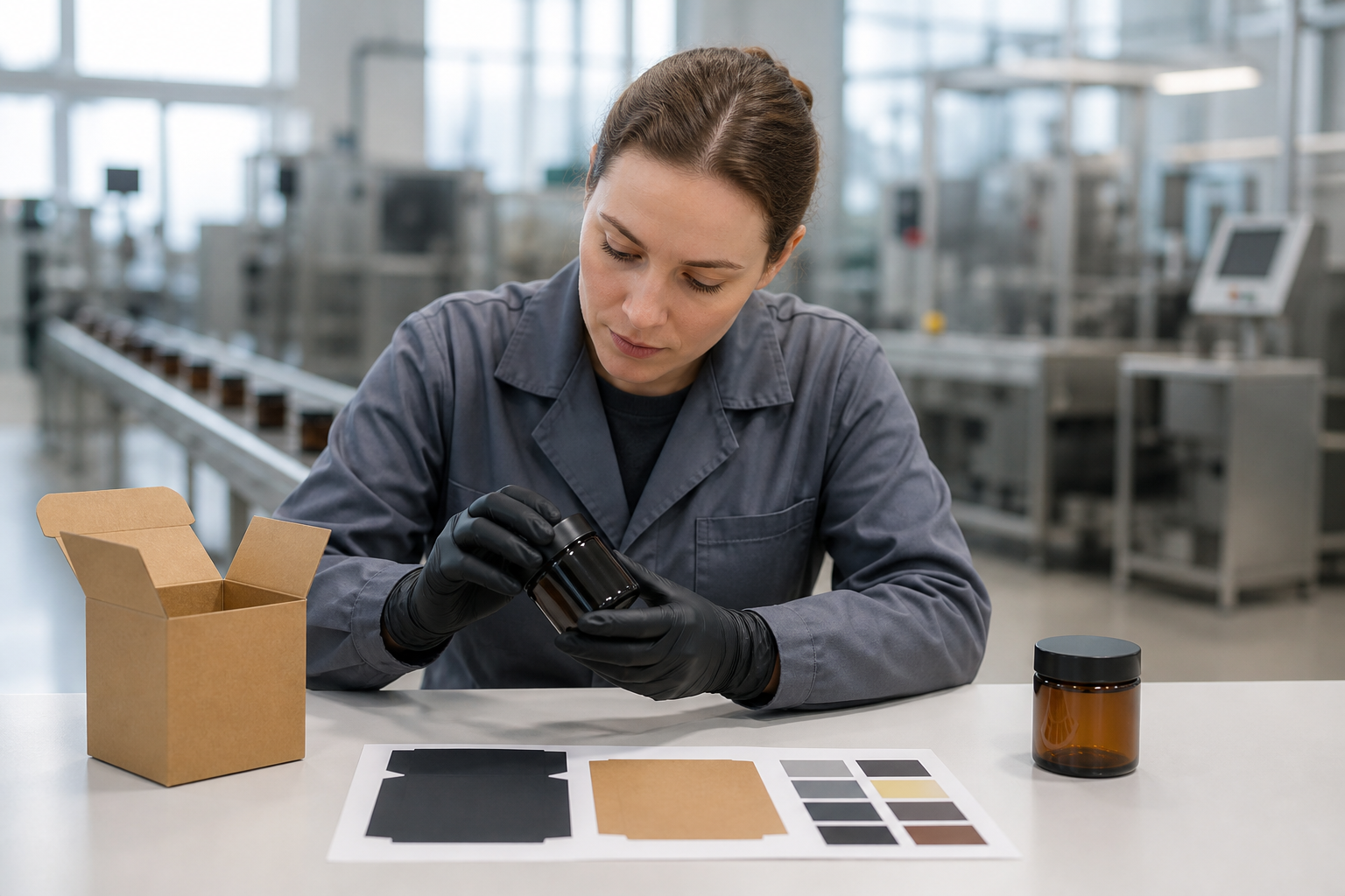 quality control inspection of child resistant glass jars at a cannabis packaging factory.png