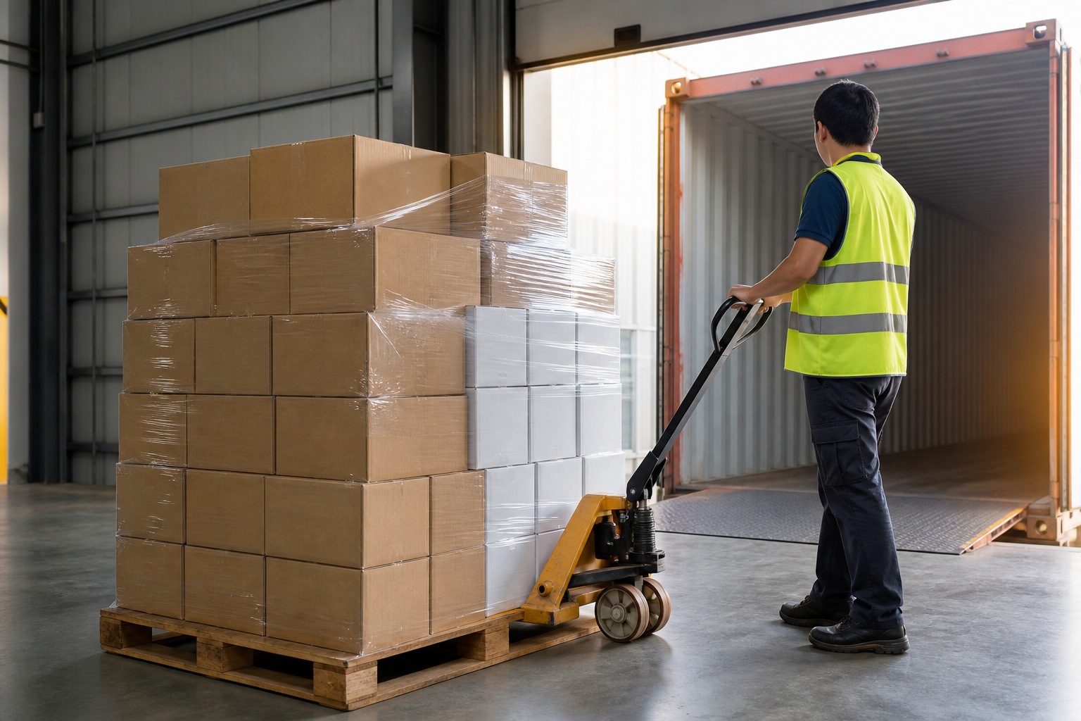 pallet of custom cannabis packaging cartons being loaded into shipping container for export.png