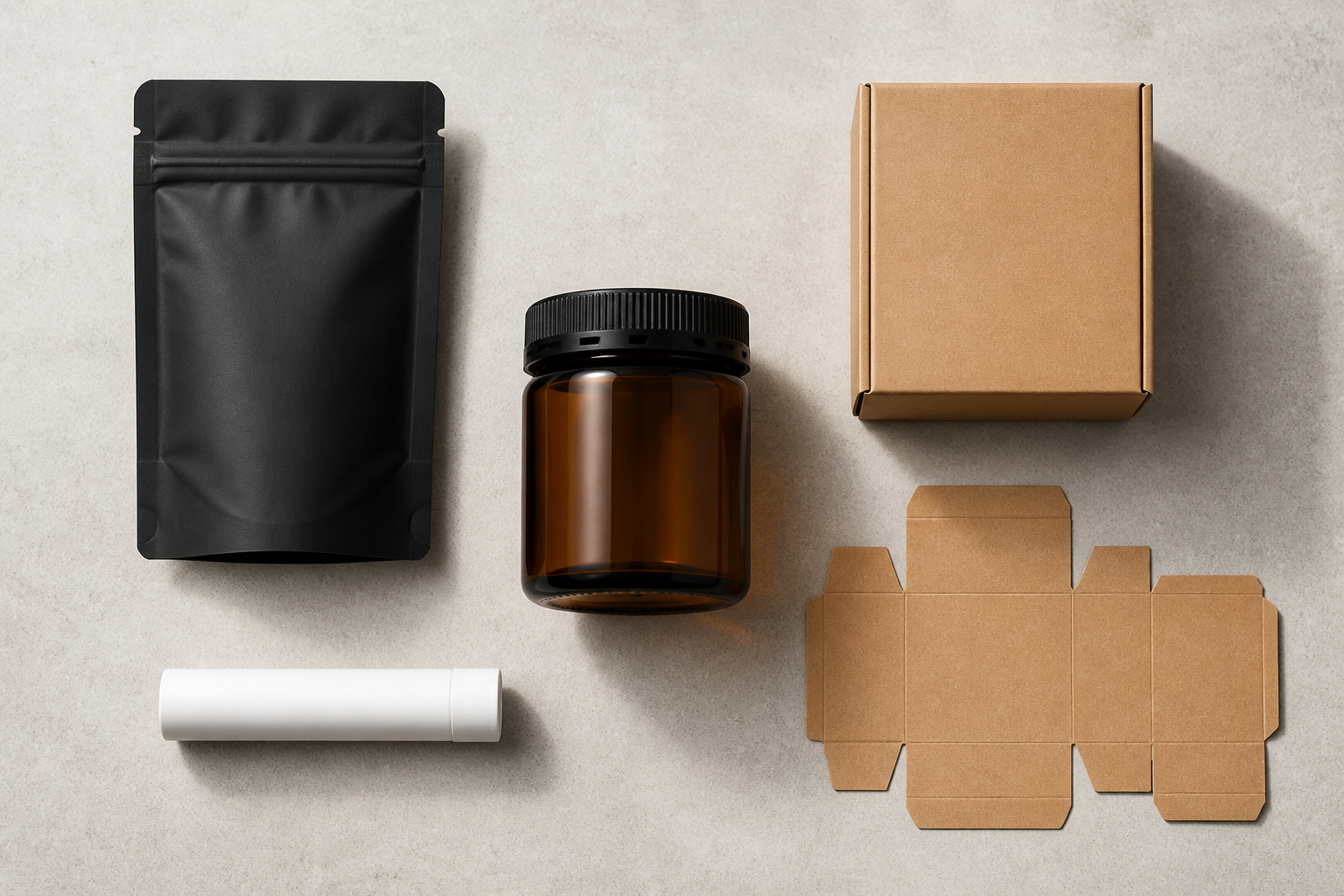 cannabis packaging samples flat lay - amber jar, mylar bag, kraft box and dieline template.png